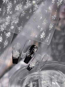 秋季新款1片装5D美甲贴纸梦幻蓝紫珍珠蝴蝶玫瑰花朵蝴蝶结指甲贴贝壳灯设计自粘贴纸美甲装饰花朵指甲贴5D浮雕百合花朵贴纸 - 彩色 - 查看 5