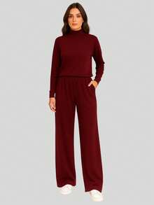 Women's Winter Sets: 2-Piece Set | Warm Fleece Trousers + Cacharrel Turtleneck Long Sleeve Top - 紅色和粉紅色 - 查看 3
