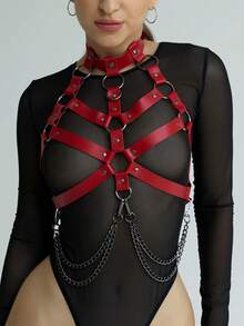 一套女士全身性感时尚腰带腰链束腰紧身胸衣吊袜带哥特风格，适合节日和派对 - 紅色 - 查看 5