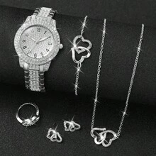 6 Pcs Women Watches Sets Gifts , Diamond Silver Watch Bracelet Set Necklace Earring Rings. 6 Pieces Jewelry Set For Mom Wife Girlfriend Anniversary Birthday Christmas Valentine's Day Gifts - Silver - View 2
