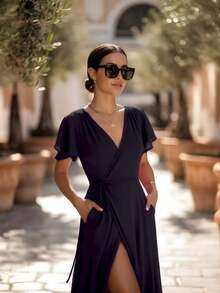 Vestido Largo  Liso    Elegante    ABERTURAS  Nudo  Envolvente    Ideal Para  Boda  Oficina  Casa - Negro - Ver 1