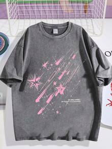 EWH Vintage Distressed, Meteor Print T-Shirt, Men's Short Sleeved, Loose Fit, Short Sleeved TopDG0004 - Grey - View 1