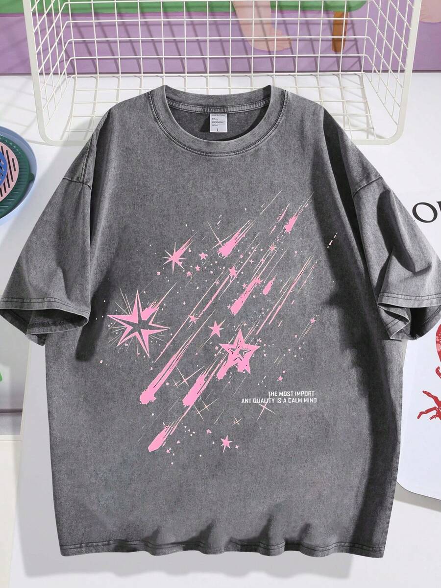 EWH Vintage Distressed, Meteor Print T-Shirt, Men's Short Sleeved, Loose Fit, Short Sleeved TopDG0004 - Grey - View 1