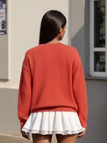 Women Y2k Graphic Sweater Pullover Long Sleeve Crew Neck Oversized Knit Aesthetic Sweatshirt Cute Horse Pattern Preppy Jumper Top - 紅色 - 查看 5