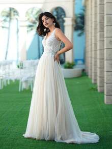 ANGELAG Tulle Patchwork Applique Elegant Wedding Dress For Bride, Ballgown - Rice Skin - View 6