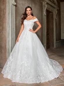 Women's Elegant White Lace Applique Off Shoulder Fashion Wedding Dress, Party Formal Cocktail Bridesmaid Gown, Valentine's Day - White - View 1