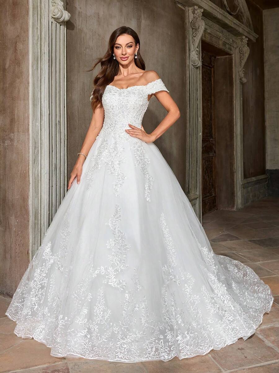 Women's Elegant White Lace Applique Off Shoulder Fashion Wedding Dress, Party Formal Cocktail Bridesmaid Gown, Valentine's Day - White - View 1