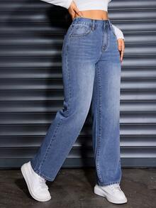 Plus Size Women's Fashion Solid Blue Washed Denim Cat Whisker Pocket Rigid Denim Wide Leg Jeans, Casual Wear For Spring, Summer, Autumn, Winter