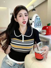 Women's Casual Contrast Striped Pattern Contrast Binding Half Zip Collared Knit Top - Black - View 6