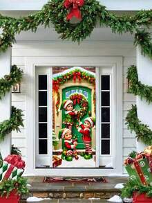 1 Stück, lustige Weihnachts-Türdekoration Banner, strapazierfähiger Polyester, Weihnachtsmann, Süßigkeiten, Elch, Geschenke und Glocken Design, Heim-Türdekoration, geeignet für Weihnachts-Türdekoration, Fenster-Dekoration, Foto-Requisiten