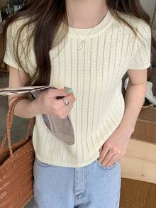 女士休闲镂空针织毛衣，夏季 - 杏色 - 查看 2