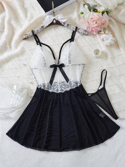 2pcs Women's Sexy Slip Dress, Black & White Color Block Elegant Lingerie Set, Suitable For Date, Party