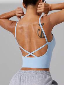 1pc Women's Adjustable Crisscross Back Tight-Fitting Seamless Short Crop Top Sports Bra - Màu xanh nhạt - Xem 3