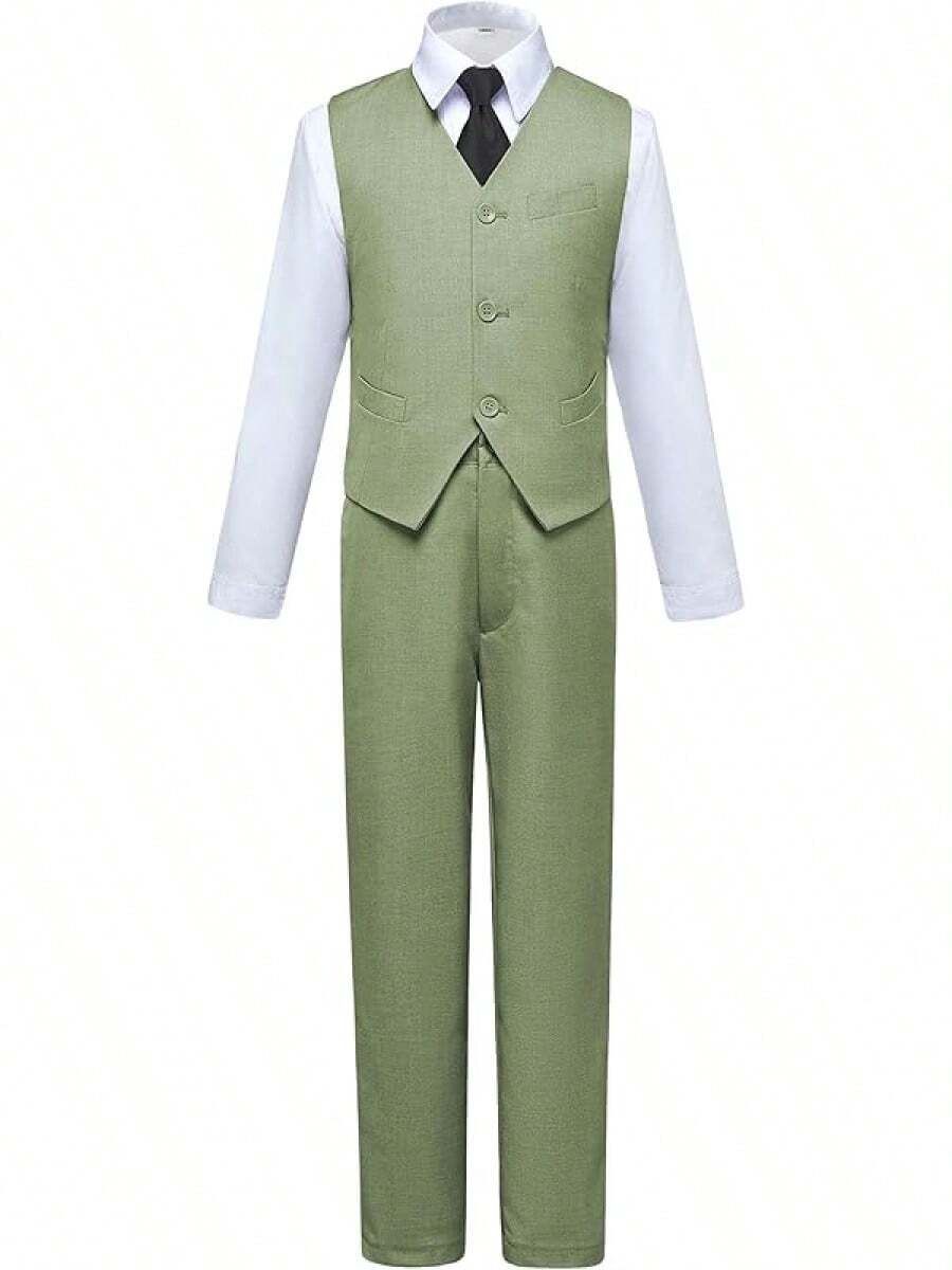 Boys Slim Fit 4-Piece Formal Suit Set - Vest, Pants & Shirt For Kids, Boys' Formal Wear For Weddings, Parties, School Events (2-14Y) - Cỏ xanh - Xem 1