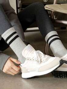 6 Pairs Striped Mid-Calf Socks For Women, Black, White, Gray, Fashionable Casual Sports Long Socks, Suitable To Pair With Underwear And Pants, Women's Outerwear Mid-Calf Socks, Student Sports Long Socks, Striped Mid-Calf Socks (1/3/6 Pairs) - Multicolor - View 5