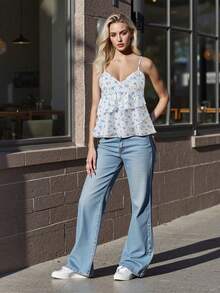 Women's Maternity Camisoles Spaghetti Straps Floral Pattern Ruffled V Neck Crop Tank Tops For Summer - Blue - View 3