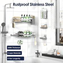 Shower Caddy Adhesive Shower Organizer 7-Pack, Rustproof Stainless Steel Bathroom Shelves, Large Capacity No-Drill Rack Storage Accessories With Soap Dish Toothbrush Holder &24 Hooks Home Decor - 銀色 - 查看 5