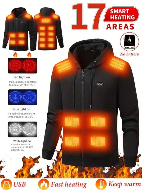 New Intelligent Dual-Control 17-Zone Heating Electric Sweatshirt Cardigan Hooded Sweatshirt Casual Warm Constant Temperature Men's And Women's Jackets Outdoor Sports Climbing And Other Equipment Outdoor Security Guards And Other Work Winter Cold-Resistant Heating Sweatshirts Christmas Date New Year's Wearable USB Port Three-Speed Temperature Control Adjustable At Will (Excluding Power Bank)