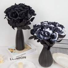 10pcs Artificial Black And White Roses Bouquet, Plastic Gothic Fake Flowers For Wedding, Halloween Decor Realistic Rose Stem For Home Office Display