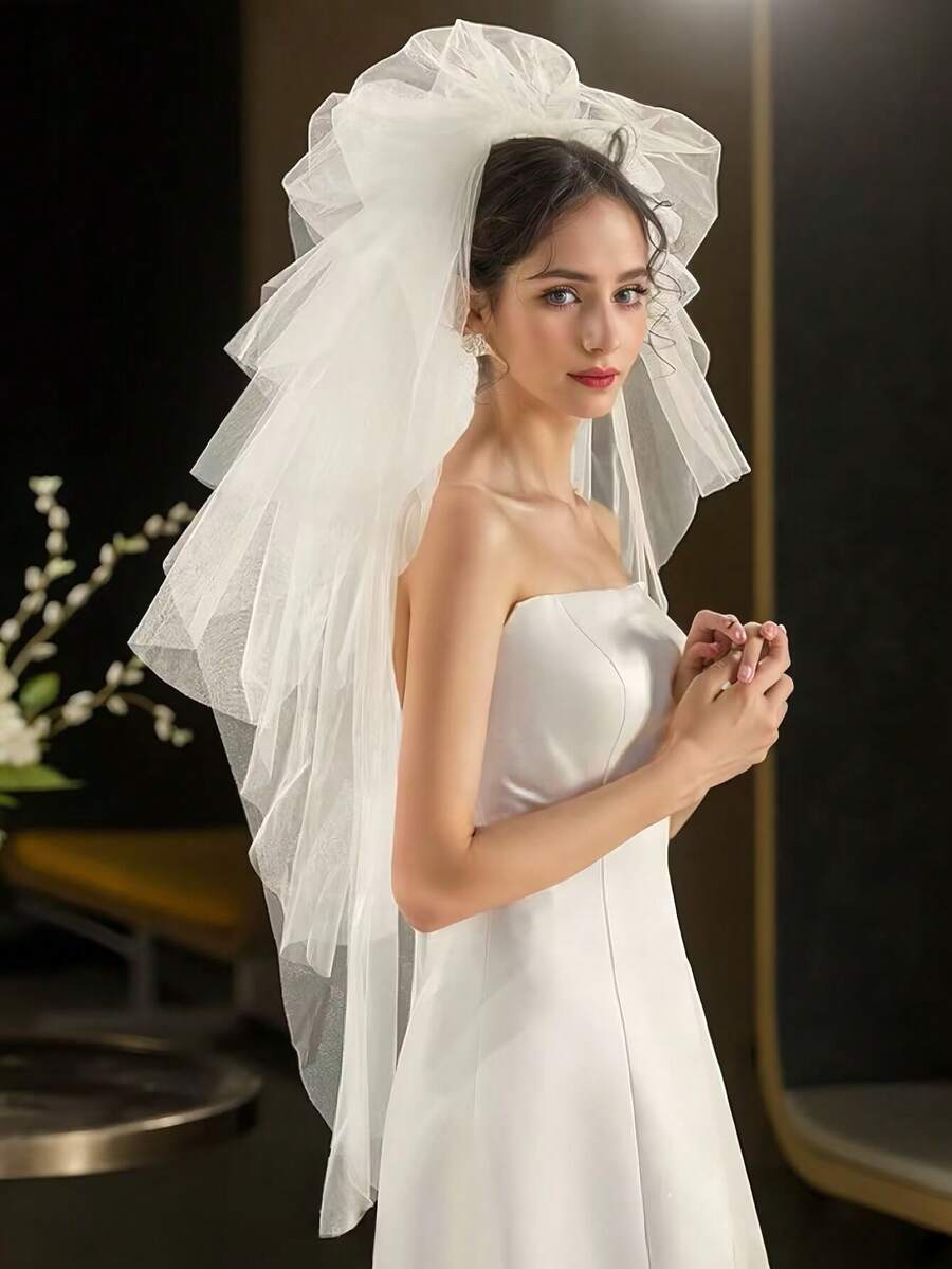 1 件白色女士面纱，多层硬网蓬蓬薄纱面纱，摄影工作室道具适合婚礼、派对、表演、角色扮演、旅行摄影，优雅复古风格带发梳，长度 100 厘米，腰臀长度，简约短款面纱秋季女士服装