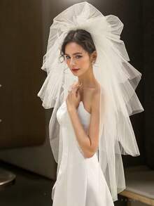 1 件白色女士面纱，多层硬网蓬蓬薄纱面纱，摄影工作室道具适合婚礼、派对、表演、角色扮演、旅行摄影，优雅复古风格带发梳，长度 100 厘米，腰臀长度，简约短款面纱秋季女士服装 - 白色 - 查看 3