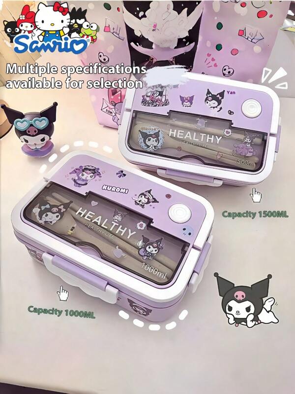 Sanrio Lancheira portátil Sanrio Kuromi de 1 peça com talheres, válvula hermética para evitar vazamentos, design quadrado para micro-ondas - Lancheira escolar de grande capacidade com três compartimentos, plástico e aço inoxidável, disponível em vários estilos, ótima para escritório e viagens
