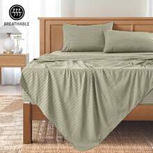 Lux Decor 4 Pc Stripe Bed Sheets High GSM Brushed Microfiber Sheets - Elevate Your Sleep Experience With Deep Pocket Bedding Sheets & Pillowcases-Graduation Gifts, Home Decor, Back-To-School Gift, Valentine's Day Bedroom, Spring Bedding Refresh, Guest Room Essentials, Dorm Room Bedding, Premium Bed Linens, Easy Care Sheets, Hypoallergenic Fabric, Year-Round Comfort, Master Bedroom Update, Matching Bedding Set, Hotel Quality Linens, Everyday Use, Classic Look, Home Basic - 綠色 - 查看 11