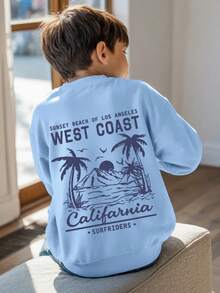 Sudadera de cuello redondo de manga larga con estampado de árbol y mar en estilo casual para niños preadolescentes, ropa de estudiante para otoño e invierno - Celeste - Ver 9