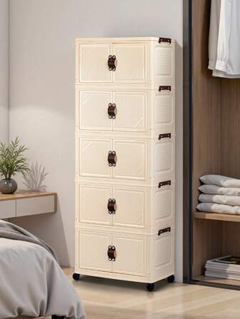 1pc 38cm Wide Folding Storage Cabinet, 1-5 Layers Selectable, Thickened Double Door With Wheels, Home Use No-Assembly Storage Rack, Organizer For Clothes & Toys, Plastic Folding Storage Cabinet
