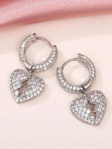 1pair Dazzling Cubic Zirconia Heart Dangle Hoop Earrings For Men Cool Punk Rock Earring Hip Hop Party Jewelry - Silver - View 9