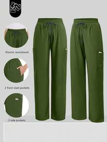 Women's Scrub Pants, Comfortable Pants, Solid Color Simple Multi-Pocket Contrast Tape Loose Pants - Green - View 7