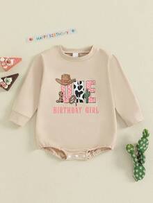 Baby Girl First Birthday Sweatshirt Romper 6-12 Months Long Sleeve Bodysuit Goose/Cowgirl Hat Letter Print Infant Girls Jumpsuit 1st Birthday Outfit 12-18 Months - Apricot - View 1