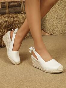 時尚獨特的根包覆式楔跟鞋，鞋面上閃爍著花朵和蝴蝶結細節，適合女性 - 白色 - 查看 6