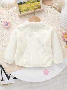 Infant Solid Color Long Sleeve Comfortable Knit Crew Neck Sweater, "BDAY GIFT" Embroidered Birthday Sweater, Soft And Cozy Fabric, Suitable For Casual Wear, Layering Or Parties - Beige - View 7