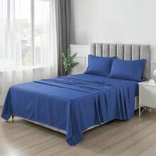 Lux Decor 4 Pc Stripe Bed Sheets High GSM Brushed Microfiber Sheets - Elevate Your Sleep Experience With Deep Pocket Bedding Sheets & Pillowcases-Graduation Gifts, Home Decor, Back-To-School Gift, Valentine's Day Bedroom, Spring Bedding Refresh, Guest Room Essentials, Dorm Room Bedding, Premium Bed Linens, Easy Care Sheets, Hypoallergenic Fabric, Year-Round Comfort, Master Bedroom Update, Matching Bedding Set, Hotel Quality Linens, Everyday Use, Classic Look, Home Basic - 藏蓝色 - 查看 2