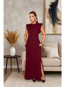 Long, Loose, Elegant, Casual Dress With Pockets In Sweatshirt Fabric With Fashionable Sleeves. - RED MOUTH - View 3