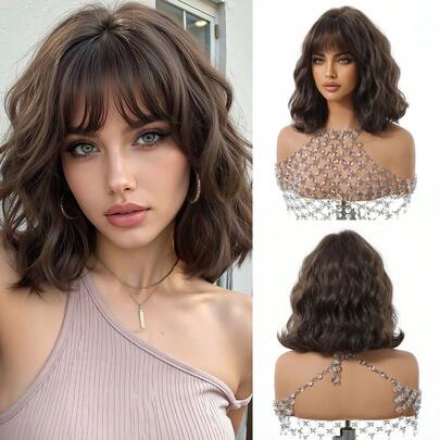 1顶合成短款波浪卷波波头假发，黑色直发搭配冷棕色卷刘海，12英寸长，适合日常佩戴，自然逼真，适用于万圣节、圣诞节、新年、狂欢节、音乐节、角色扮演等场合，是送给女孩、毕业生、节日、万圣节和圣诞节的理想礼物。