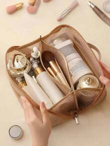 Large Capacity Nylon Mesh Toiletry Bag, Summer Travel Makeup Organizer Bag, Cosmetic Bag, Breathable Multi-Layer Cosmetic Organizer Bag, Portable Travel Makeup Bag, Fashion Travel Toiletry Bag, Makeup Tool Storage Pouch, With Compartments For Toiletries And Makeup Tools, Minimalist Style With Zipper Closure, Top Single-Hand Carry Handle, Perforated Design, Travel Essential, Cruise Must-Have - Multicolor - View 6