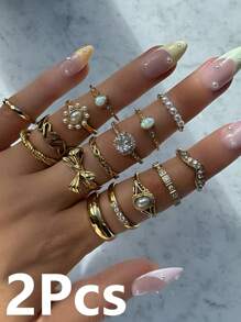 1/8/15 件夏季波西米亚戒指套装，花朵、树叶、人造珍珠，适合女士、日常、海滩、夏季佩戴、情人节、母亲节、复活节、礼物、金戒指 - 彩色 - 查看 4