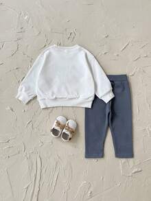 2pcs/Set Baby Boy Casual Letter Patchwork Long Sleeve Sweatshirt + Pants, Spring/Summer - White - View 3
