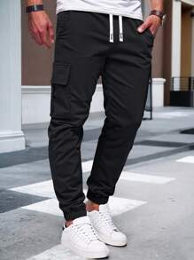 1pc Teenage Boys' Polyester Simple Front Tie Pocket Cargo Pants, Casual Daily Wear, Suitable For Spring, Summer, Autumn, Lightweight Style
