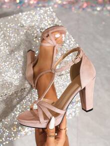 女士高跟凉鞋，独特系带T字带设计，厚底，露趾，踝带，粉色高跟鞋，优雅舒适，甜美百搭，适合派对和假日穿着 - 粉色 - 查看 4