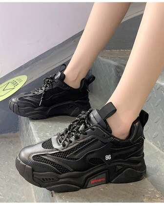 Women's Student Sports Style Lace-Up Letter Decor Mesh Breathable Sneakers, Outdoor Versatile Platform Athletic Casual Running Shoes, Thick Sole Chunky Sneakers