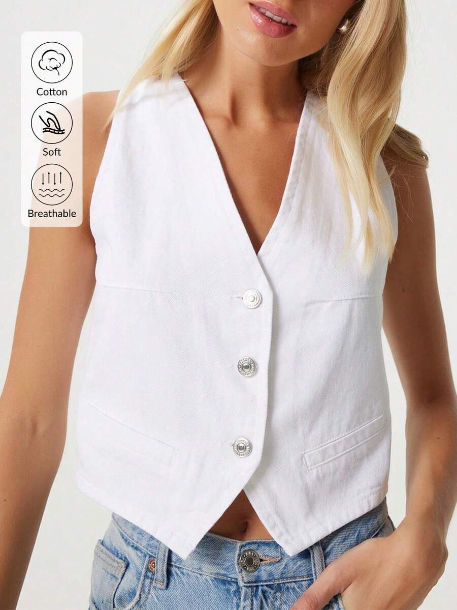 Solid Color Casual Front Button Zipper Pocket - White - View 1