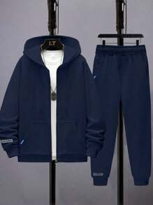 2pcs/Set Tween Boys Casual Outdoor Sports Hoodie Jacket And Fleece Sweatpants Set, Solid Color, High Value, Spring/Autumn - Navy Blue - View 1