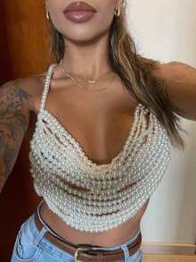1pc High-Quality Luxury Multi-Layer Pearl Women's Camisole Top, Handmade Knotted Fashionable Sexy Pearl Body Chain - Beige - View 1