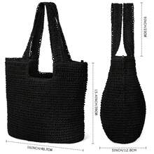 Hatisan Straw Beach Bag For Women Summer Woven Beach Tote Bag Shoulder Handbags Boho Bag - 黑色 - 查看 3