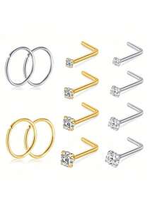 6-12pcs Nose Rings Hoops Studs 20G L Shaped Nose Studs 1.5mm 2mm 2.5mm 4mm Cubic Zirconia Small Silver Gold Hypoallergenic Nose Piercing Jewelry For Women Men