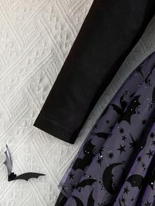 Halloween Costume Girls Bat Print Dress, Holiday Party Outfit Colorful Asymmetrical Mesh Dress For Girls - Purple - View 6