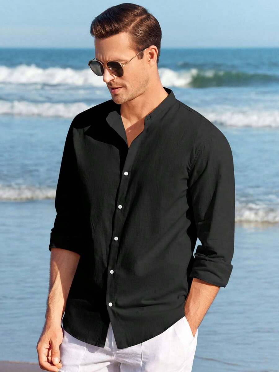 Runcati Men Linen Shirt Button Down Long Sleeve Cotton Beach Band Collar Casual Summer Shirts - màu đen - Xem 1
